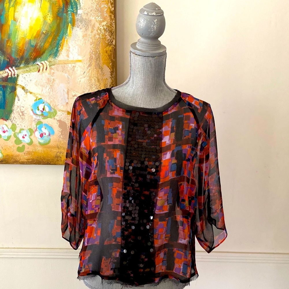 SIMPLY VERA VERA WANG PETITE SHEER MULTICOLOR SEQUIN TOP SIZE PM 🌟EUC🌟
